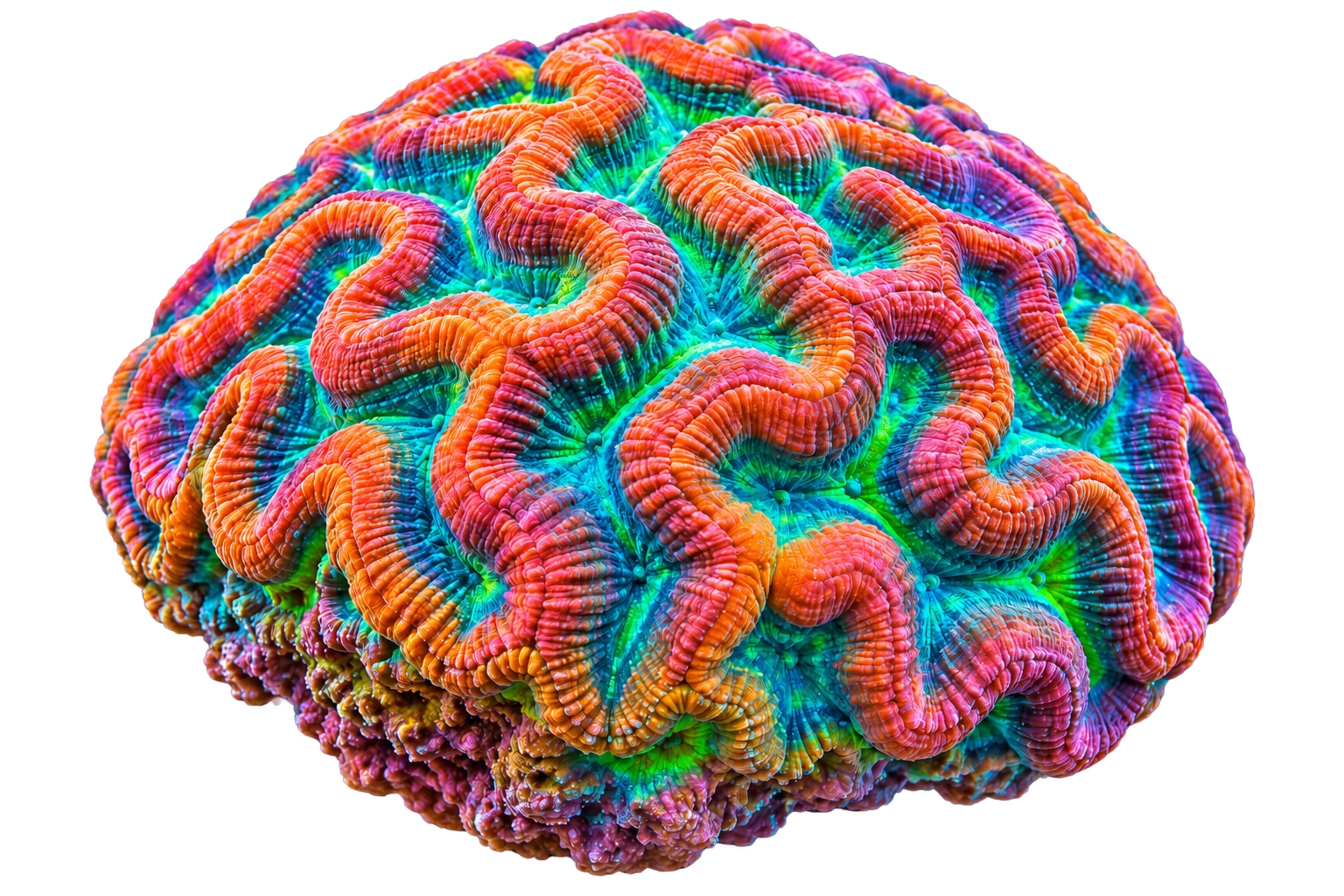 Fluorescent brain coral in orange, turquoise and pink tones