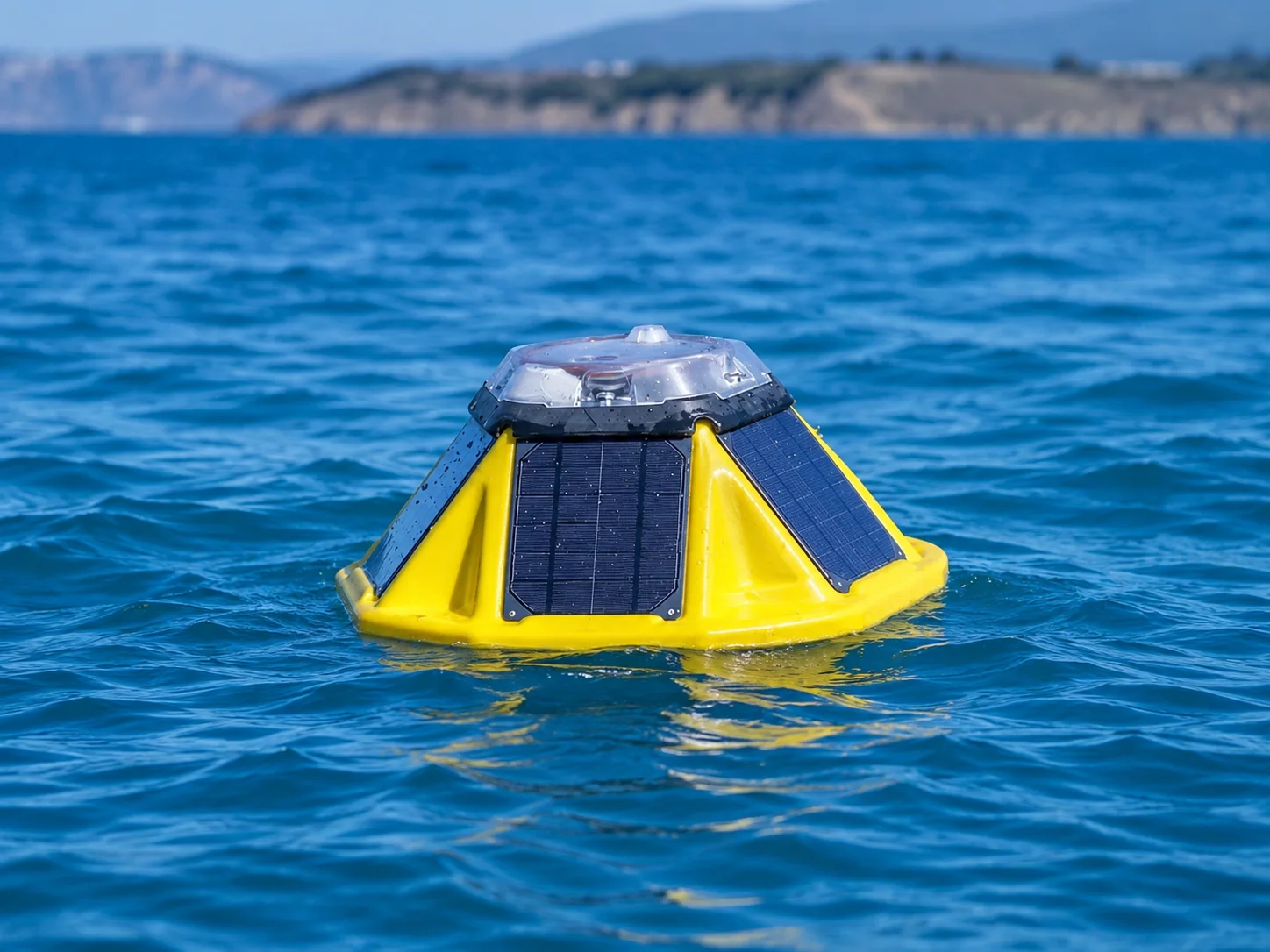 Solar-powered monitoring buoy floating on open water near a coastline