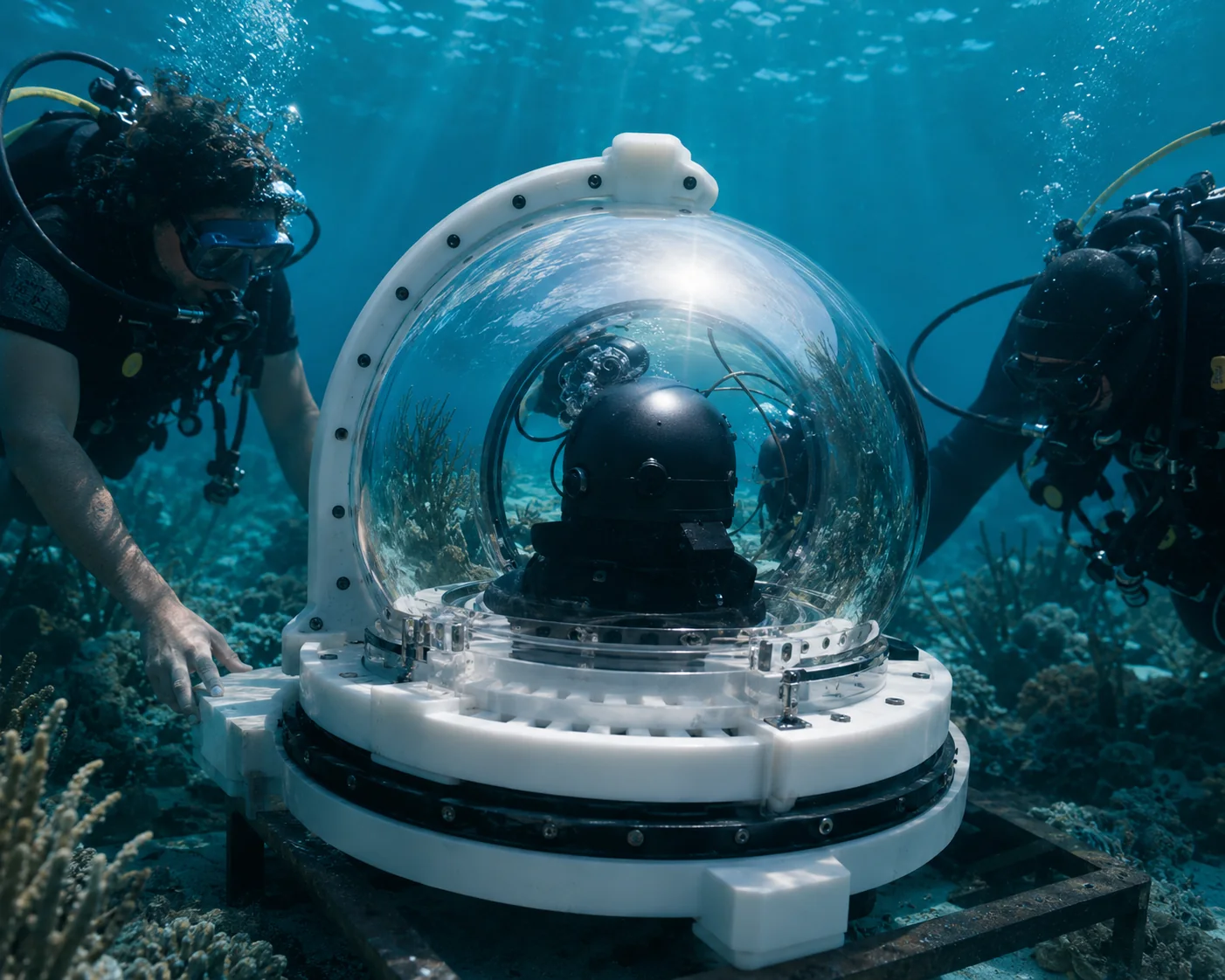 Divers installing an underwater camera dome on a reef monitoring frame