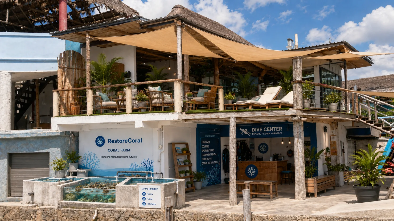 Restore Coral headquarters in Cozumel, with the coral nursery tanks and dive centre